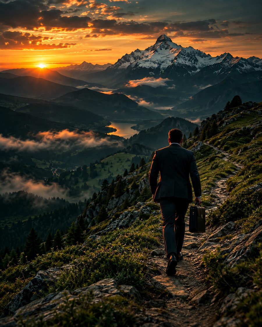 Un hombre con traje y maletín sube por un sendero de montaña hacia una cima nevada al atardecer